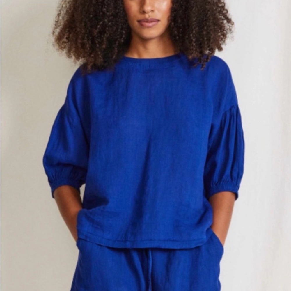 Apiece Apart Delle Relaxed Fit Puff Sleeve Lapis Linen Top